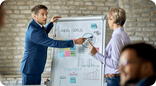 man showing annual goals graph on board to a woman